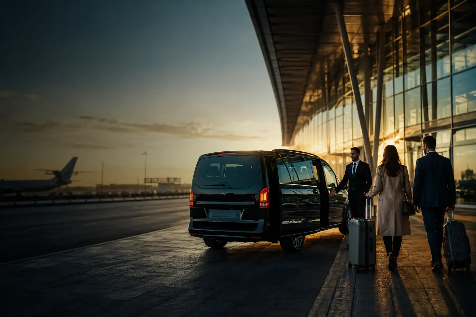 Private airport transfer vehicle meeting travelers at a terminal