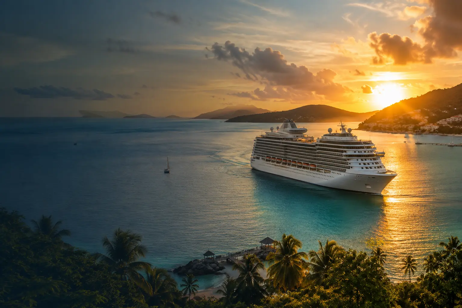 Cruise ship departing a tropical harbor at sunset