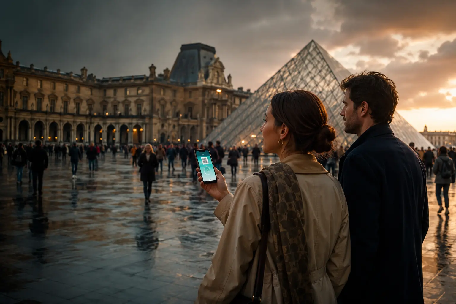 Travelers using digital attraction tickets outside a landmark museum