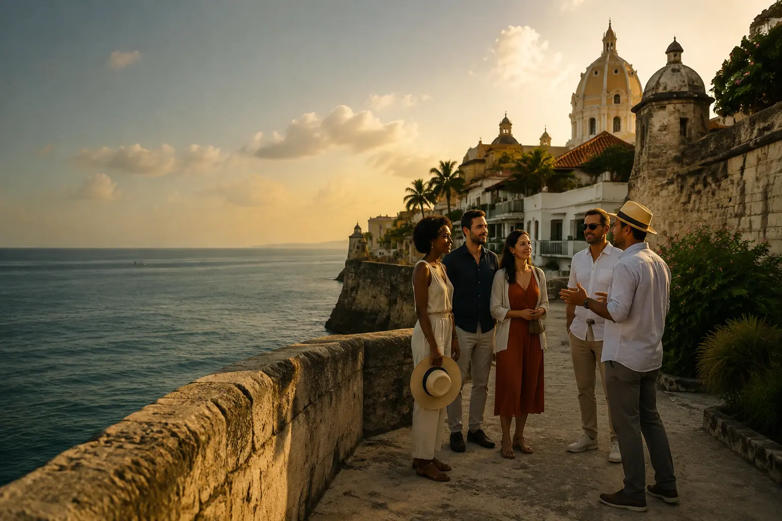 Travelers joining a guided walking tour in a historic coastal city
