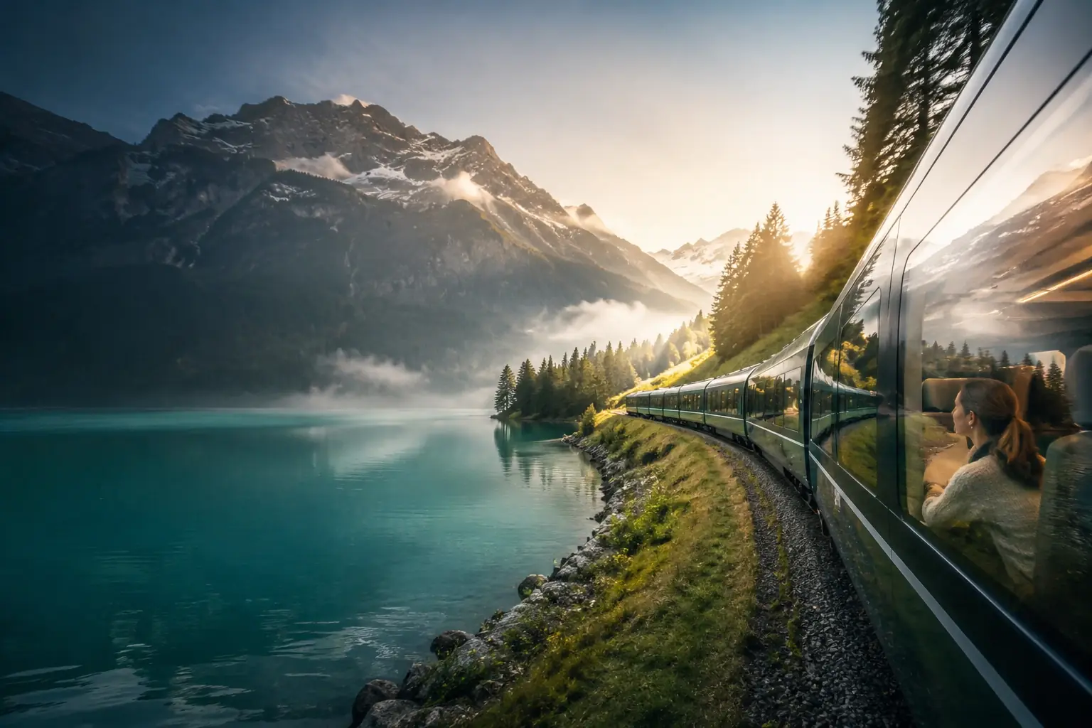 Modern passenger train traveling beside a mountain lake