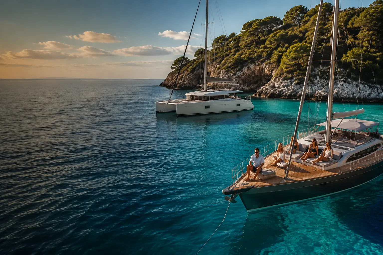 Sailing yachts anchored in clear turquoise water beside an island cove