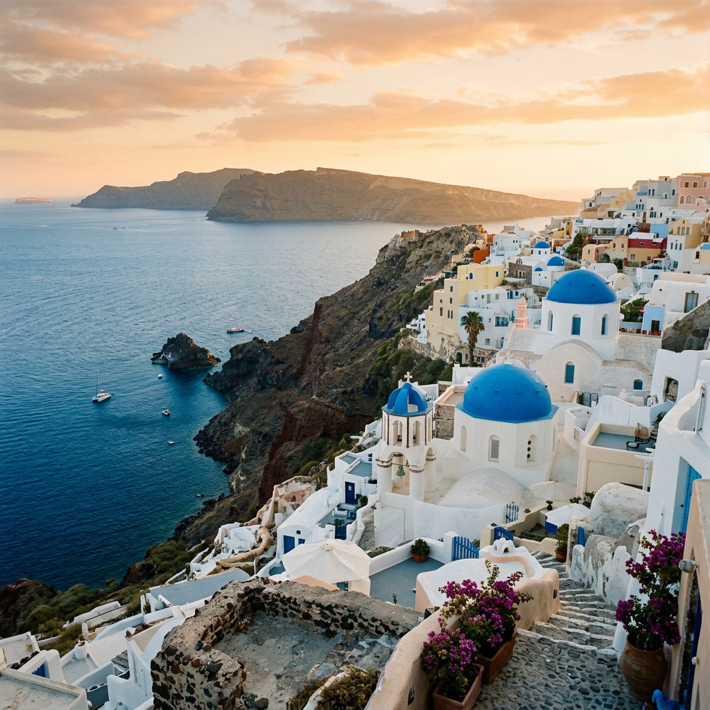 Santorini, Greece — white buildings with blue domes