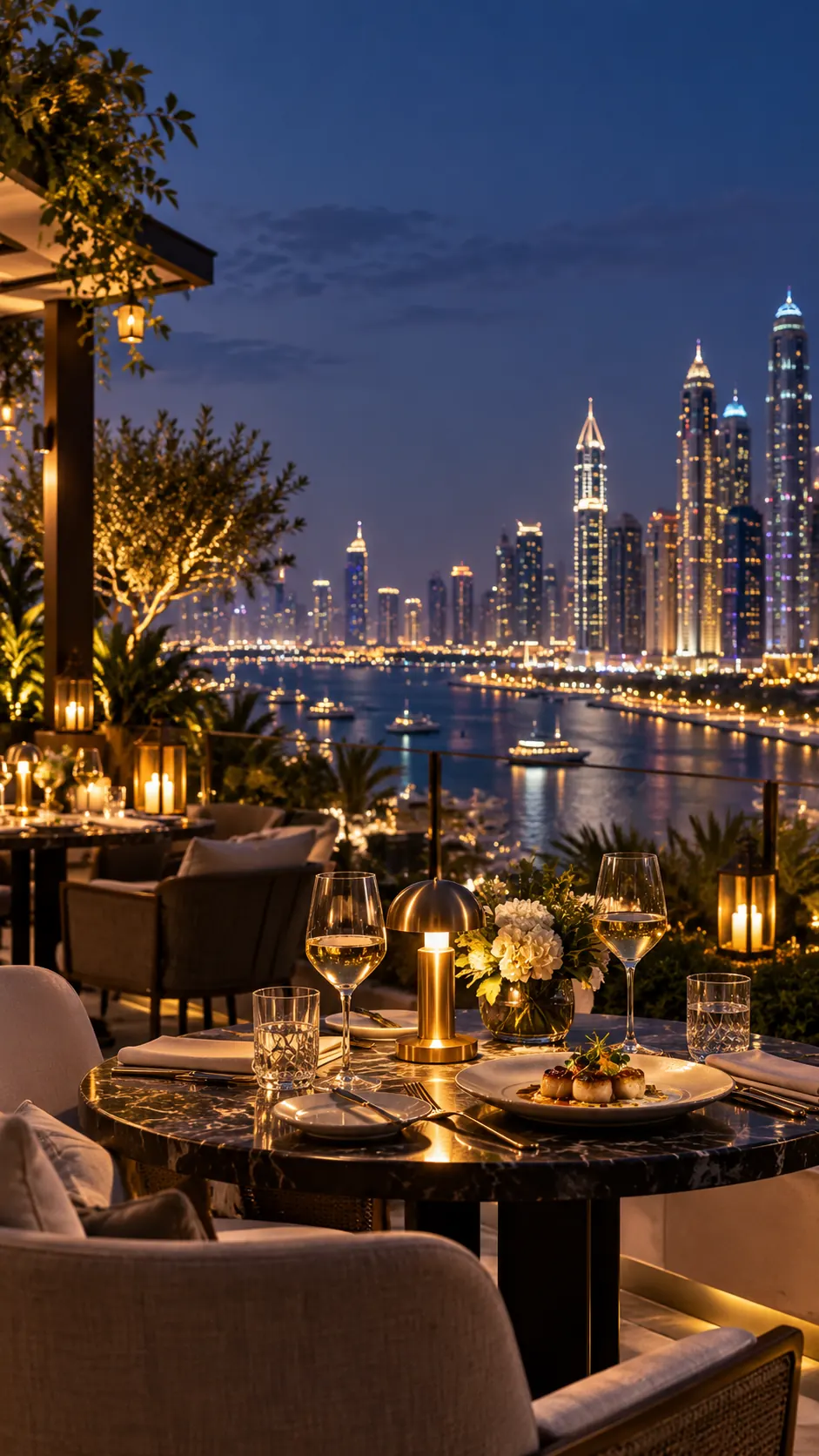 Elegant rooftop dinner overlooking a skyline