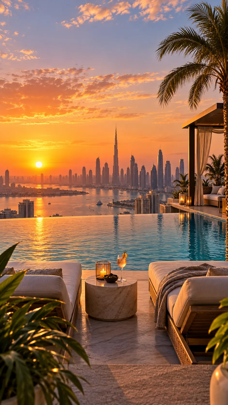 Luxury rooftop infinity pool at sunset