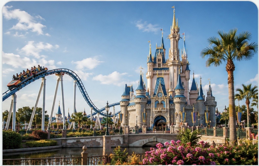 Theme park castle and roller coaster